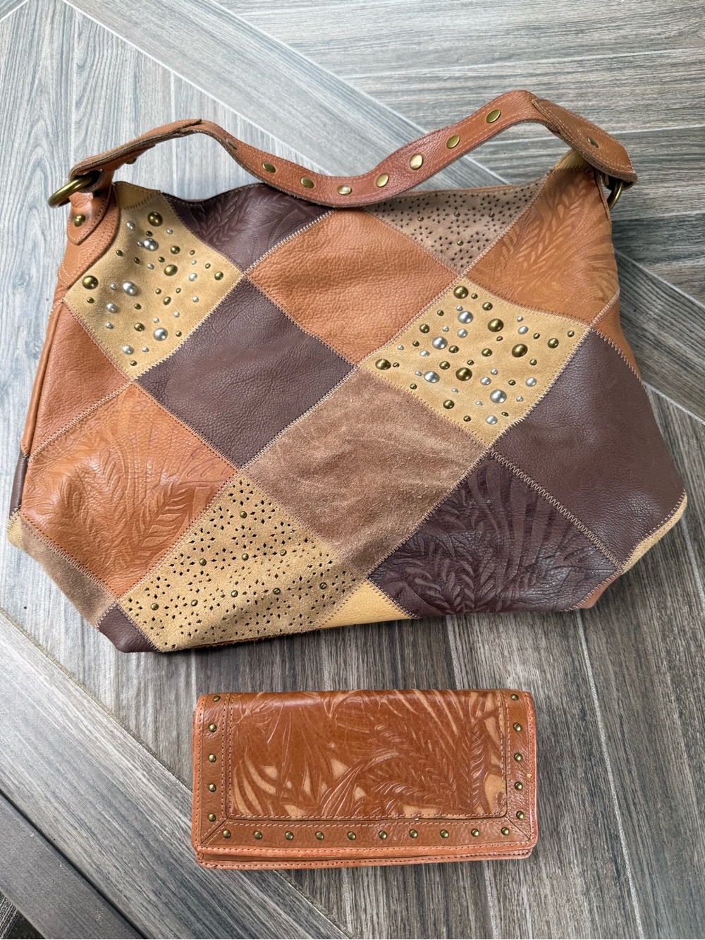 Patchwork Studded Leather Hobo Bag in Brown-Tan w/ Matching Wallet